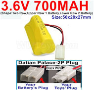 3.6V 700MAH Battery-With Datian Palace-2P Plug(The D-Shape hole is Black wire)-(Shape-Two Row,Upper Row 1 Battery,Lower Row 2 Battery)-Size-50x28x27mm,3.6V NI-CD NI-MH 700MAH Battery be suit for RC Truck,RC Car,RC Boat,RC Robot,rc tank,rc Quadcoter,Drone,RC Helicopter,etc.